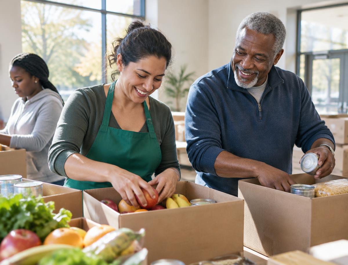 Illustrative scene of volunteers preparing community food boxes